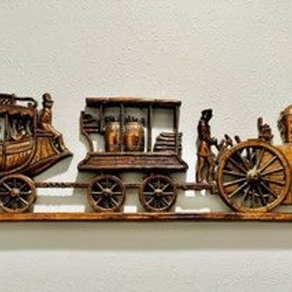 Vintage 1971 Large 33” Freight Train w/People Aboard The Train Copper Tone Art