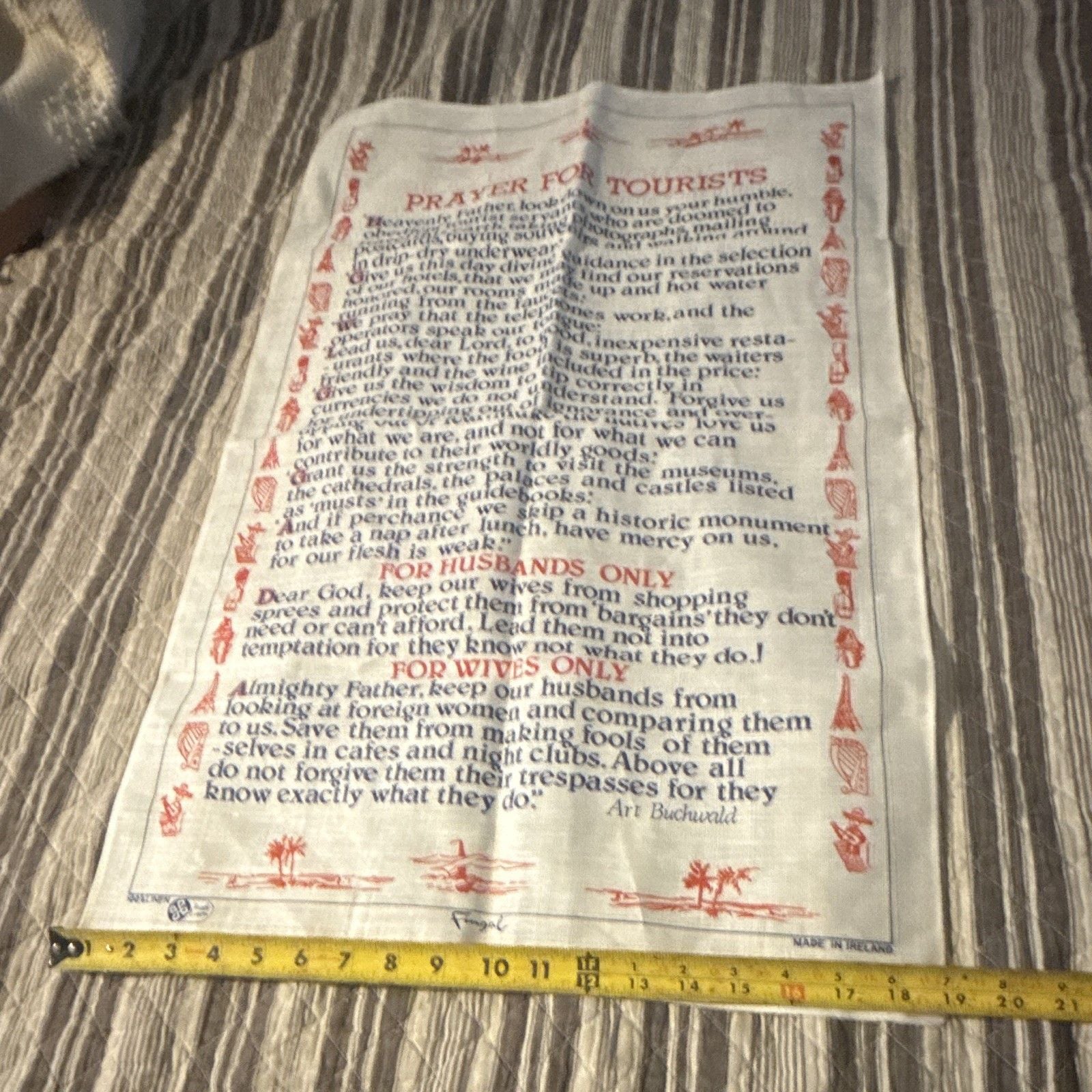 Prayer for Tourists Linen Tea Towel White Red Blue Made in Ireland Vintage 3