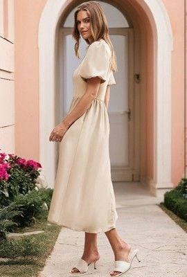 AlvaQ Women Dress Spring Summer Puff Sleeve Midi Dress High Waist Ruffle-SIZE S 5