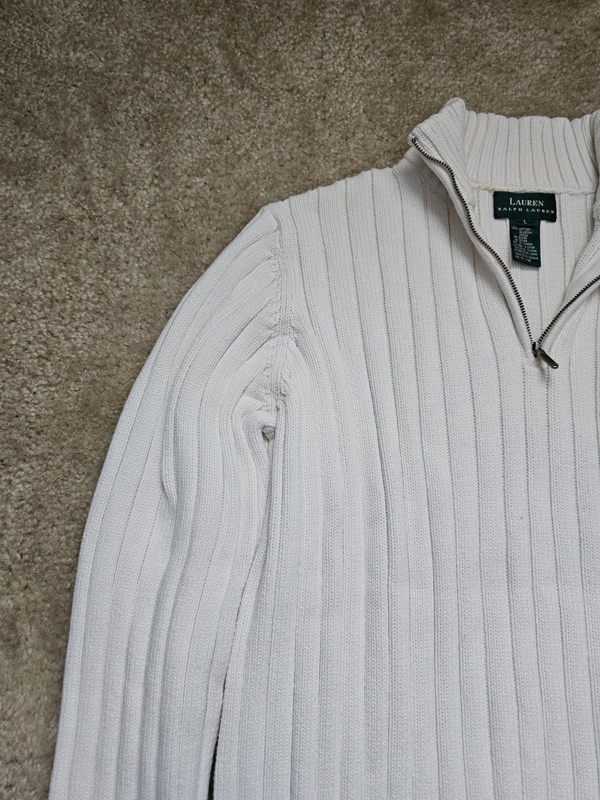 Lauren Ralph Lauren Women L White Ribbed Cotton 1/4 Zip Mock Neck Sweater 3
