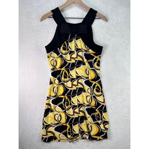 VTG Y2K ALYN PAIGE Abstract Yellow Geometric Midi Dress Size L Grunge Whimsical 12