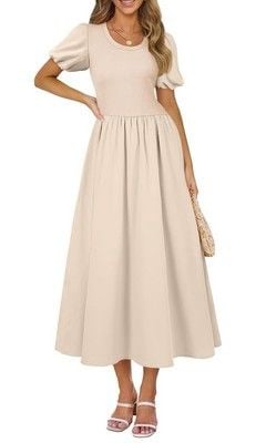 AlvaQ Women Dress Spring Summer Puff Sleeve Midi Dress High Waist Ruffle-SIZE S 2