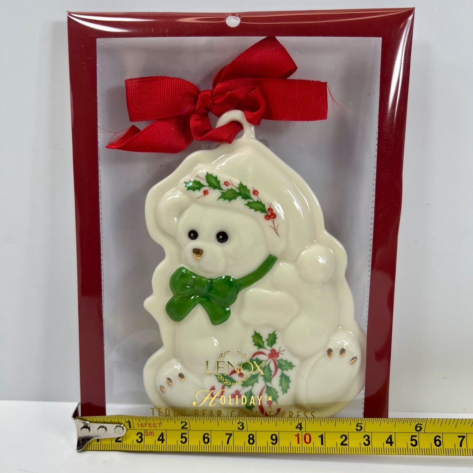 Lenox Holiday Teddy Bear Cookie Press Christmas Ornament Porcelain Holly Ribbon 14