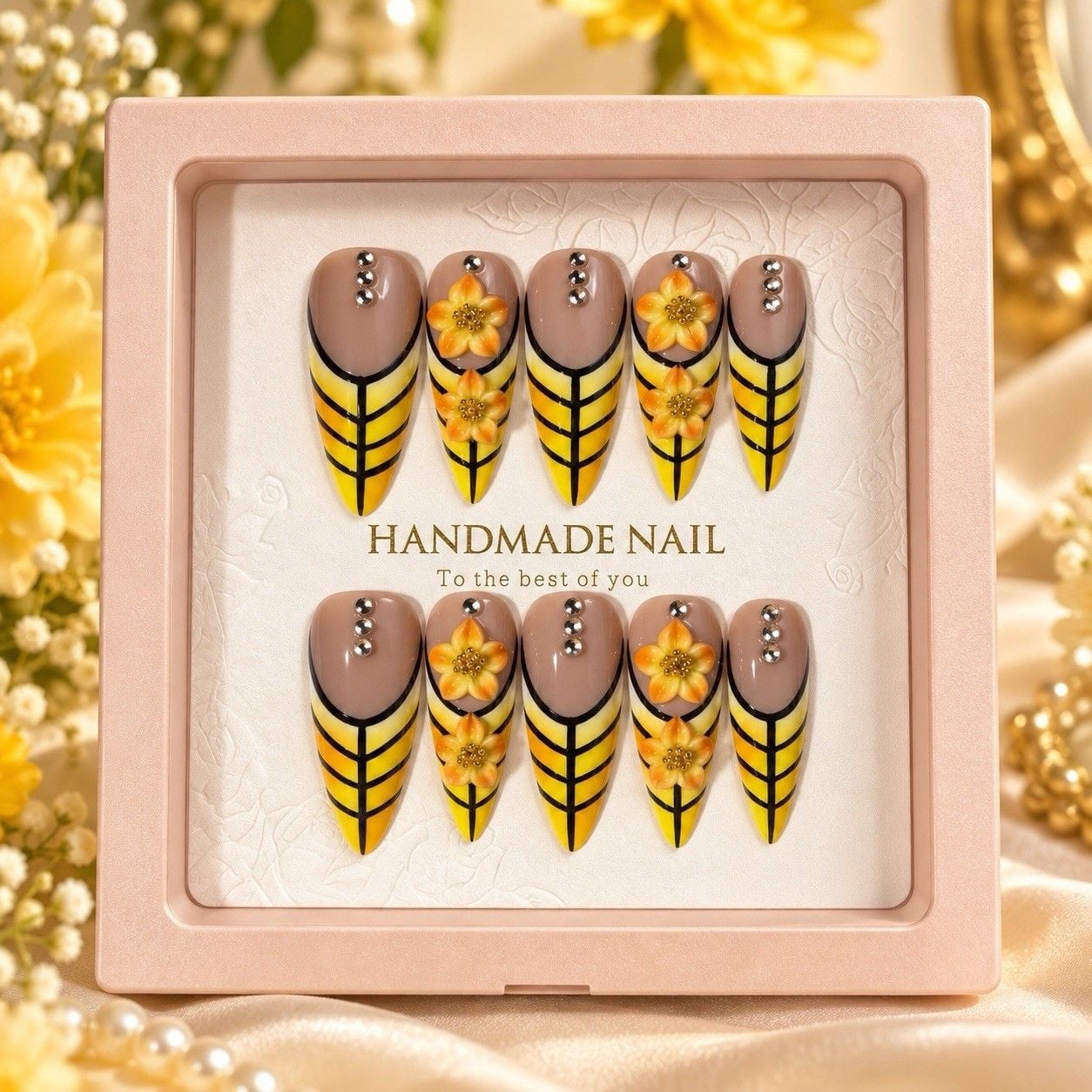 Yellow Floral Press On Nails Size L Long Stiletto Rhinestone 10pc Set #021 1
