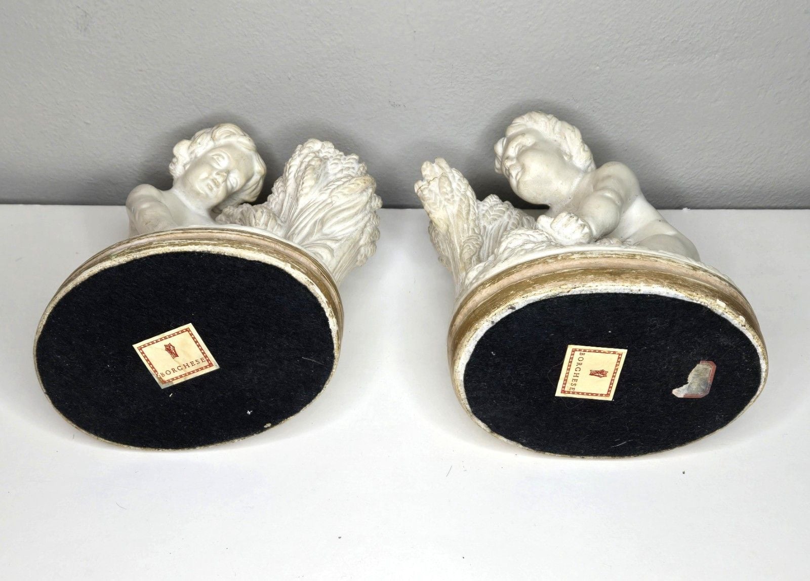 Vintage BORGHESE Niepolds ~ Chalk Putti Bookends ~ Cherubs Harvesting Wheat 7