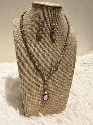 Rose Gold Cubic Zirconia Teardrop bridal Jewelry Set Necklace & Earrings 3