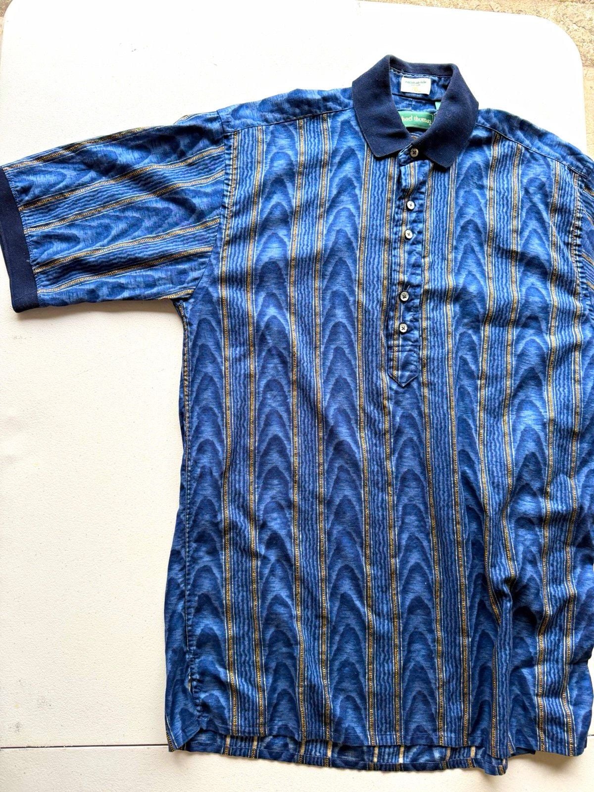 Michael Thomas Men's Blue Striped Cotton Short Sleeve Button Polo Shirt, M 2
