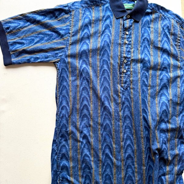 Michael Thomas Men's Blue Striped Cotton Short Sleeve Button Polo Shirt, M