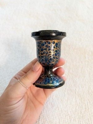 Vintage Kashmiri Paper Machê Candle Holder Hand Painted Lacquer Blue Gold Floral 7