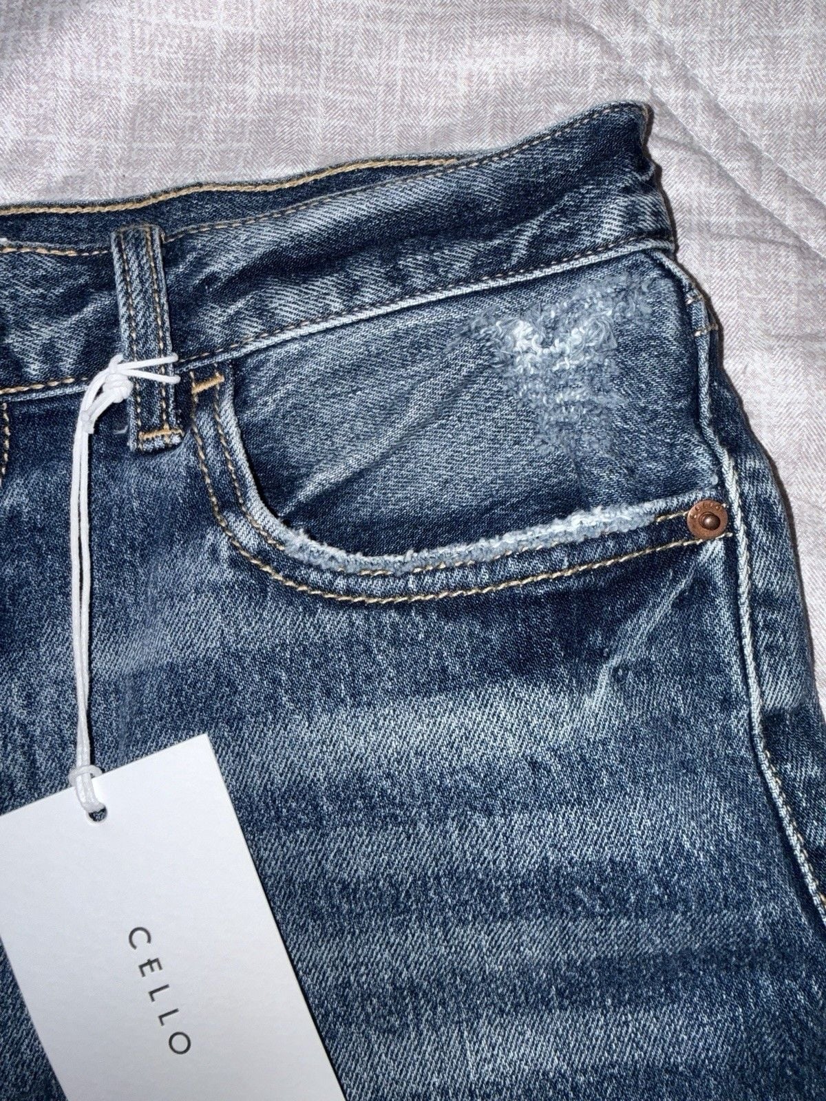 Cello Bermuda Denim Shorts Blue High Rise Frayed Hem Pockets Size L 9
