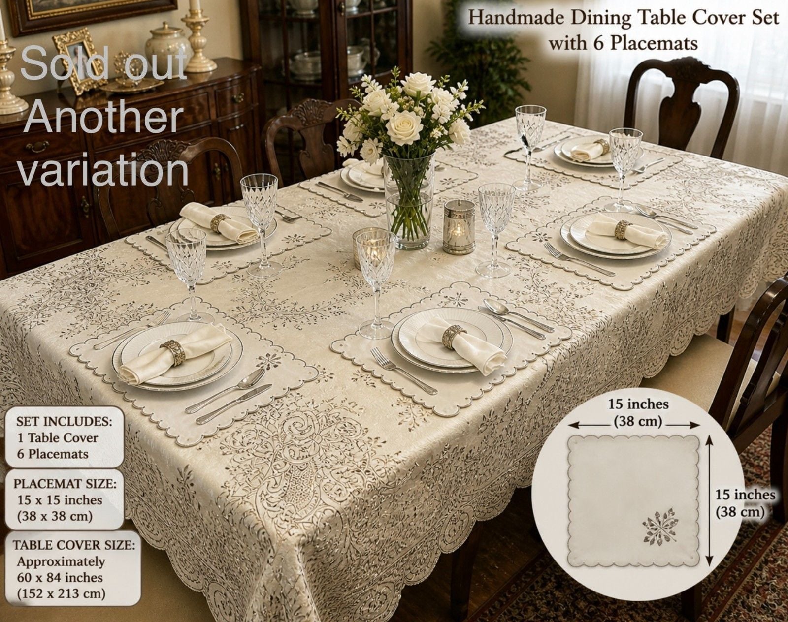 Handmade Dining Table Liner/Cover Set Embroidered Satin Floral Elegant ~7 Piece 9