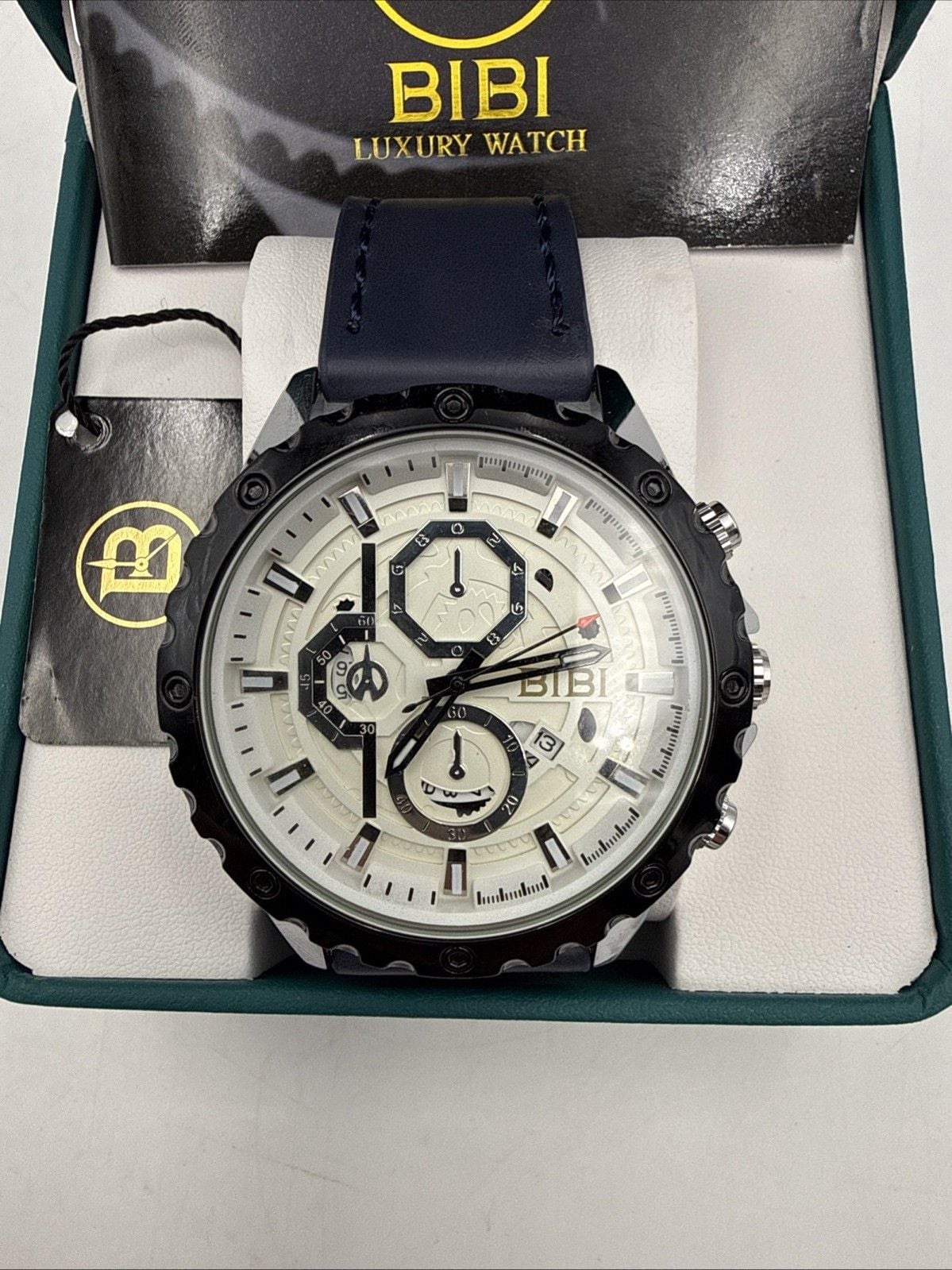 🔥 BIBI Men’s Watch B0184 Blue Strap Silver Case Black Bezel Date 40 mm NIB 🔥 3
