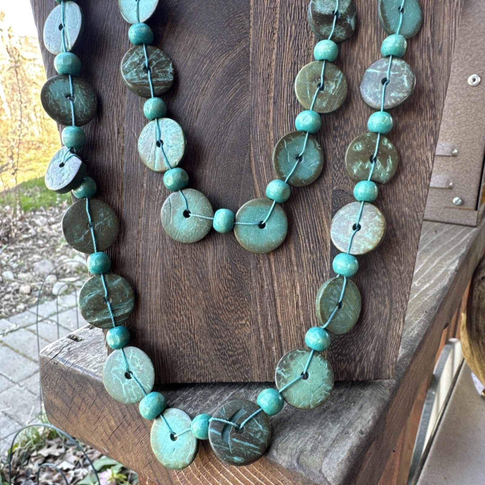 Dyed Coconut Shell Disc Multi Strand Turquoise Necklace Boho Hippie Beach Summer 4