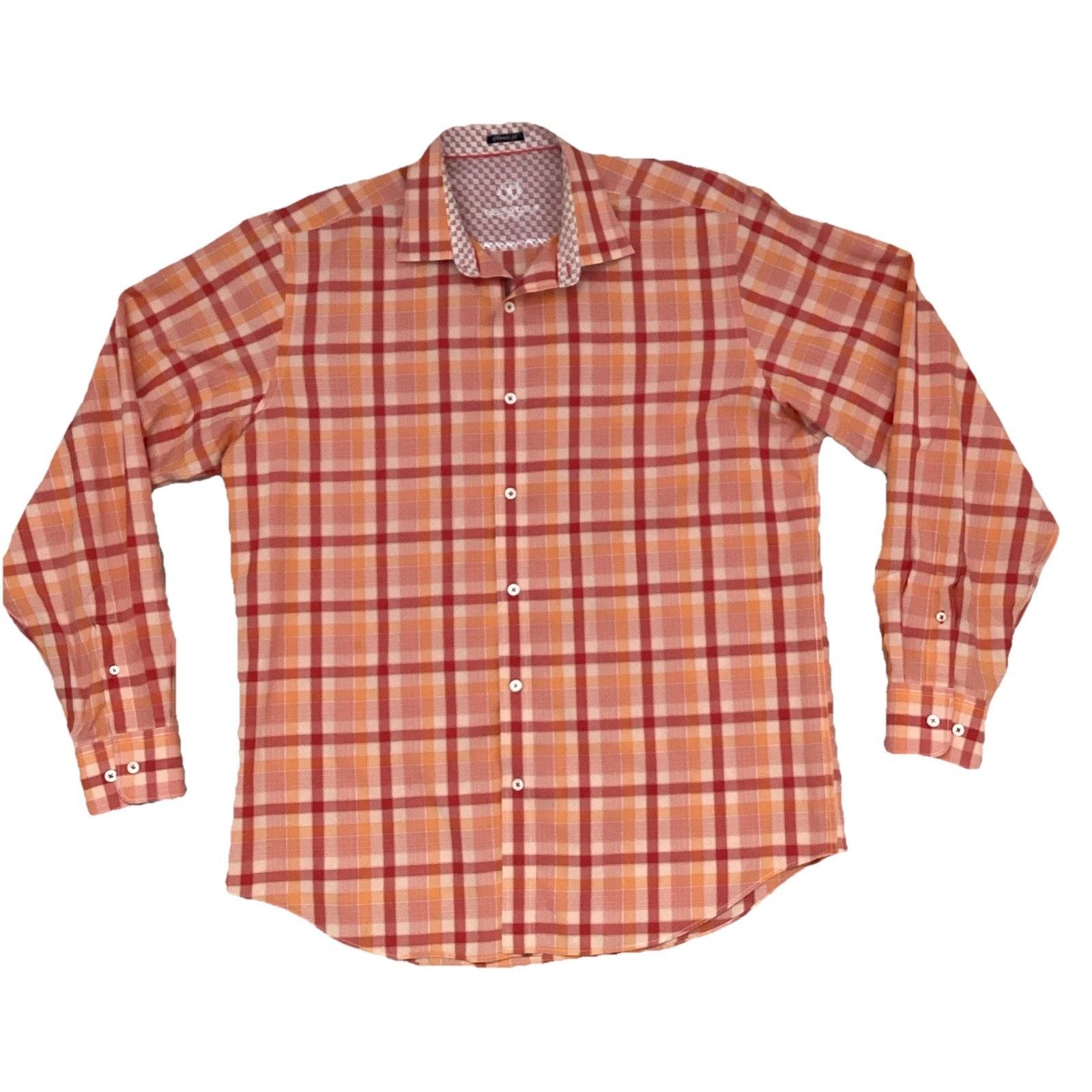 Bugatchi Uomo Button Up Shirt Men’s Large Classic Fit Long Sleeve Plaid Orange 2