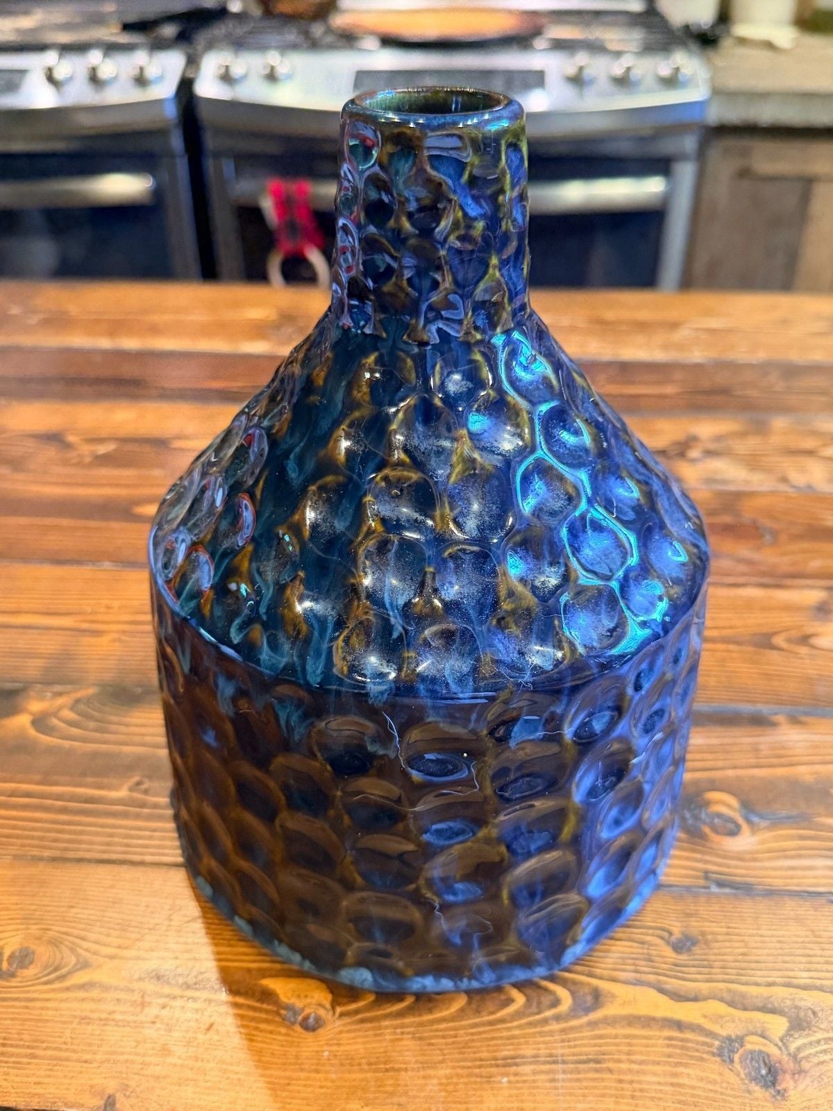 Modern Blue Brown Reactive Glaze Dimpled Honeycomb Ceramic Vase Handcrafted Lg 4