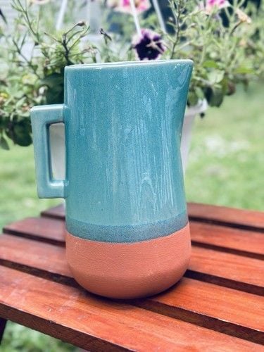 NOS New York Stoneware Handmade Turquoise & Terracotta Drink Pitcher 10” Tall 9