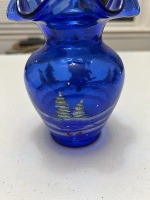 FENTON Artist Signed Cobalt Blue Glass Hand-Painted SNOWMAN Winter Vase 5.5" 4