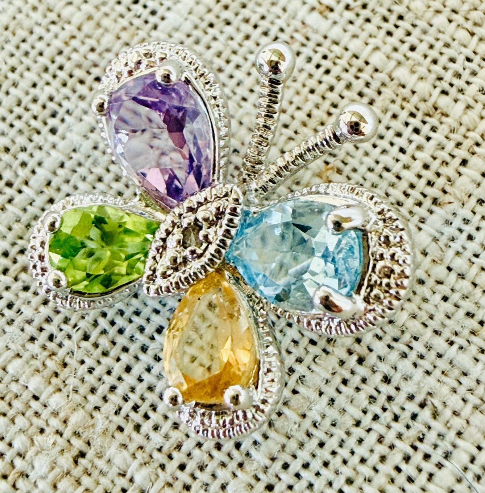 Vintage Sterling Silver Butterfly Pendant Amethyst Topaz Peridot Citrine 12