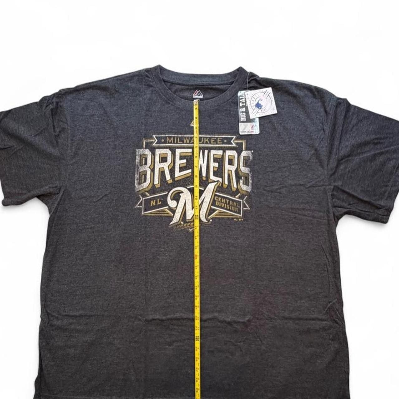 Gray Majestic Athletic Milwaukee Brewers t-shirt with white and gold logo size 4XL big & tall dimensions in the pictures brand new with tags. 4