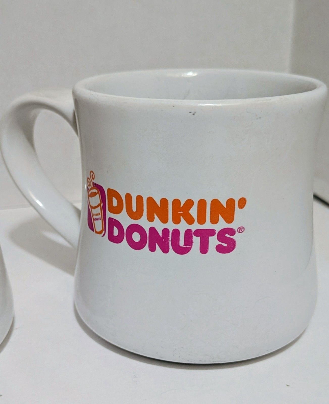 2 Dunkin Donuts Mugs Diner 12oz White Orange Pink Logo Coffee Cup Vintage Retro 6