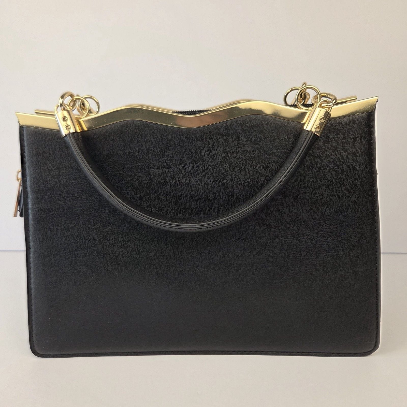 Grossi Black Quilted Rhinestone Handbag Purse Wavy Gold Frame Vintage 6