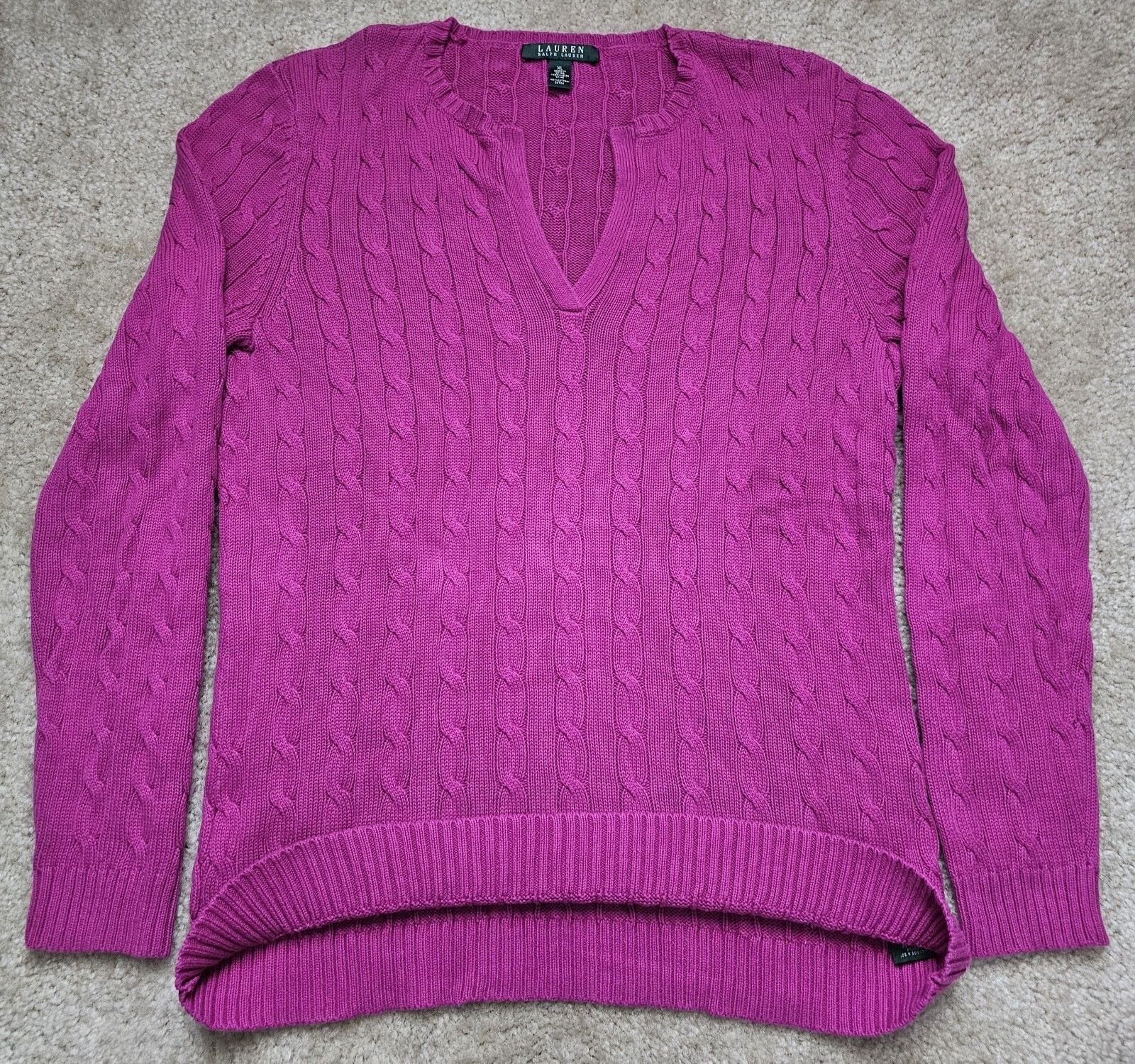Lauren Ralph Lauren Women XL Pink Cable Knit V Neck 100% Cotton Sweater 5