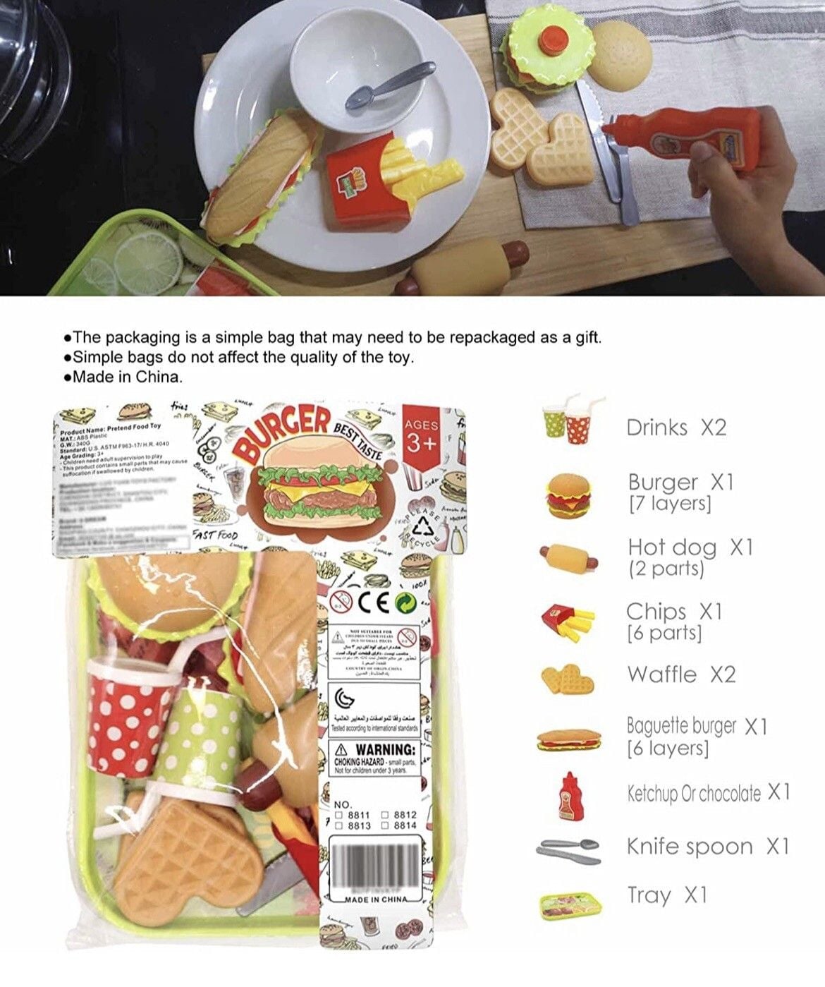 Pretend Play Food Set , Removable Food Toys Burger Combo and Assortment 7