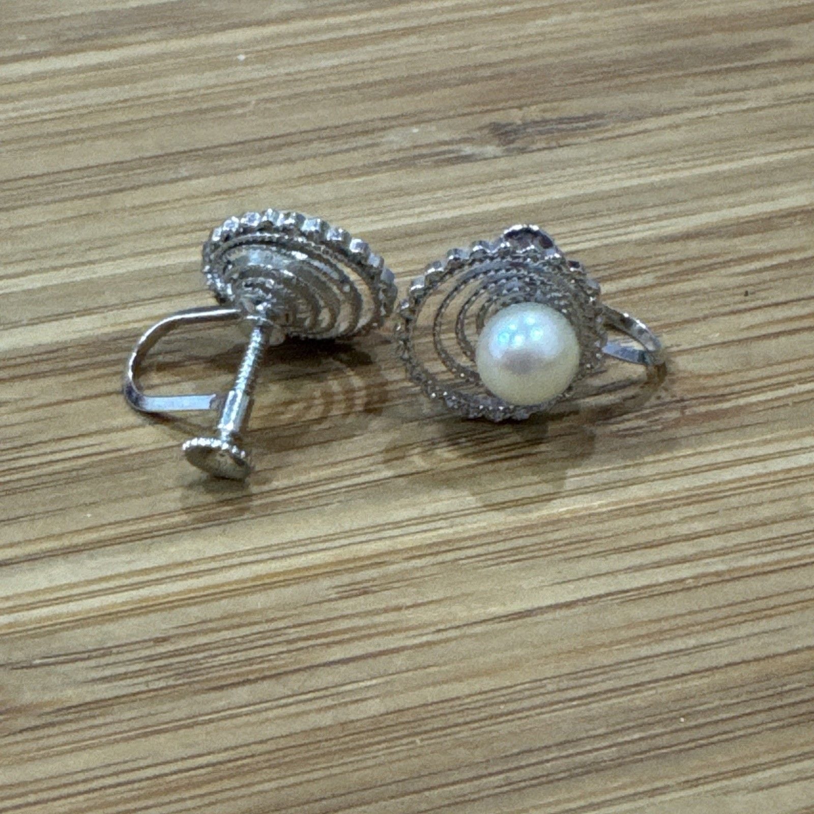 Vintage Sterling Silver Genuine Pearl Screw Back Earrings Swirl Floral 6