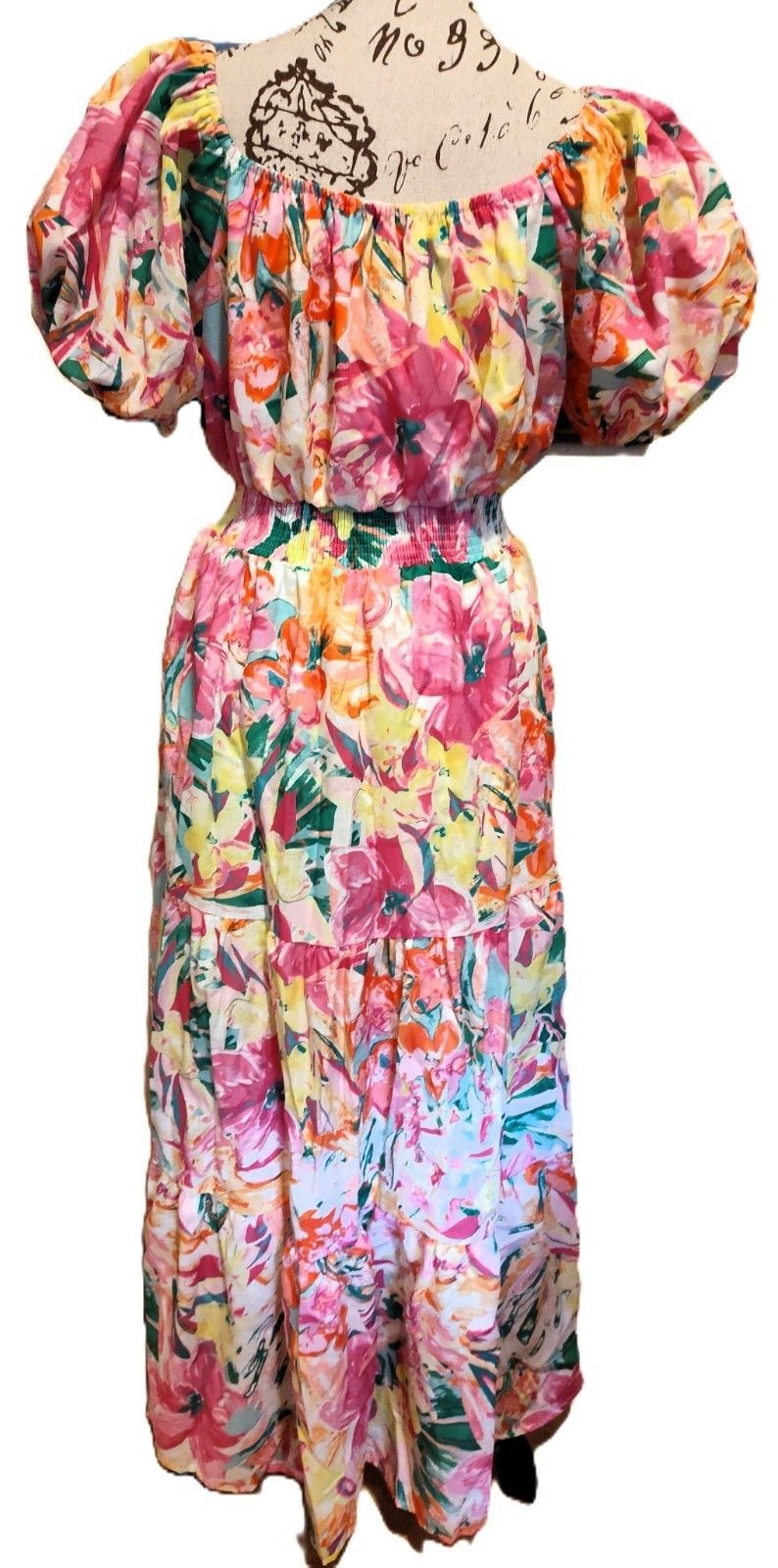 Flying Tomato Vibrant Watercolor-inspired Floral Puff Sleeve Tier Skirt Dress S 5