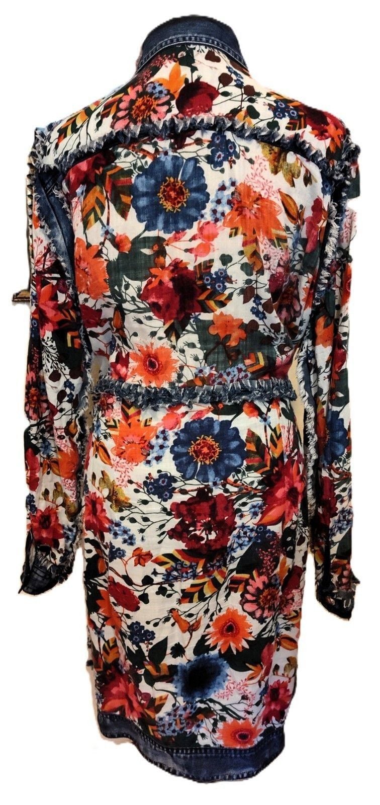 ADORE Distressed Denim Floral Duster Jacket Dress Artsy Boho Western Large EUC 5