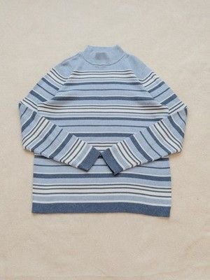 90s Striped Cotton Mock Neck Ribbed Sweater Navy Blue White Size Petite Large 6