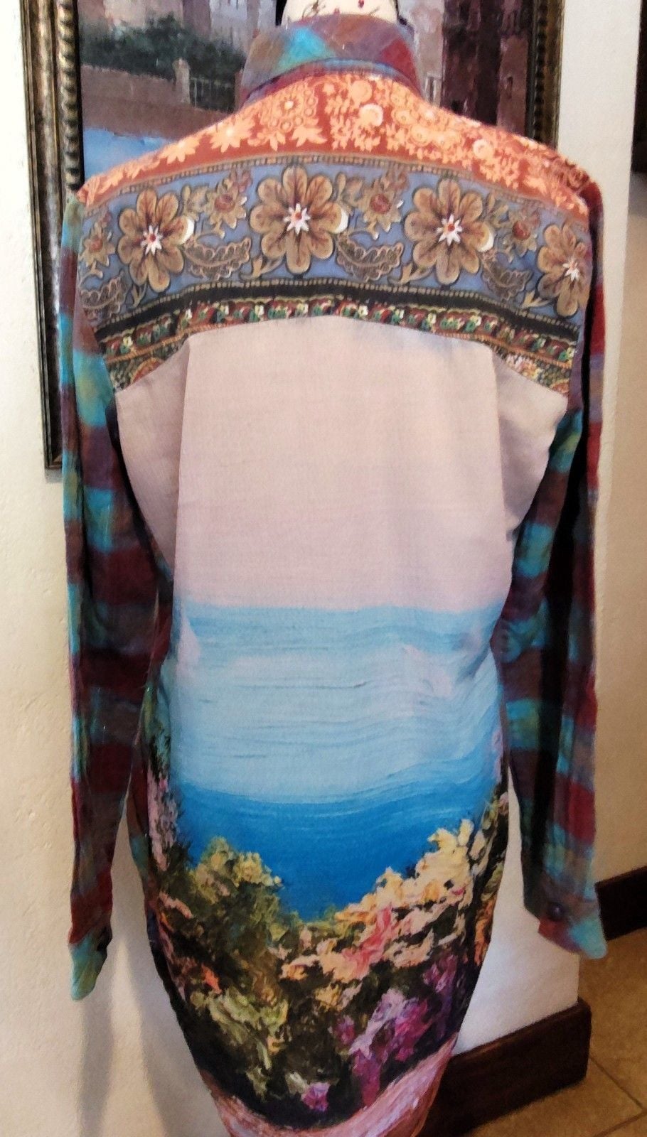 Aratta Pink & Blue Boho Plaid Button Down w Beautiful WaterColor Seascape Sz S 8
