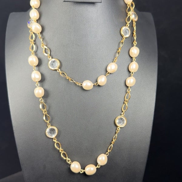 Vintage Faux Pearl Station Chain Necklace Bezel Set Crystal Drop Accents Gold