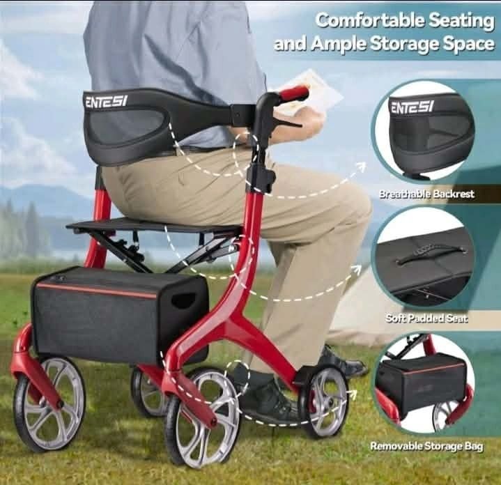 ENTESI All Terrain Rollator Walker 4 Wheel Foldable Seat Brakes Red 300 lb 10