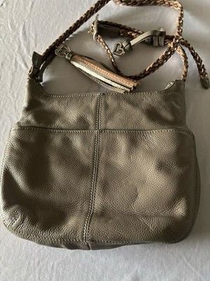 Brighton Taupe Pebbled Leather Crossbody Shoulder Bag Braided Strap Tassel Charm 7