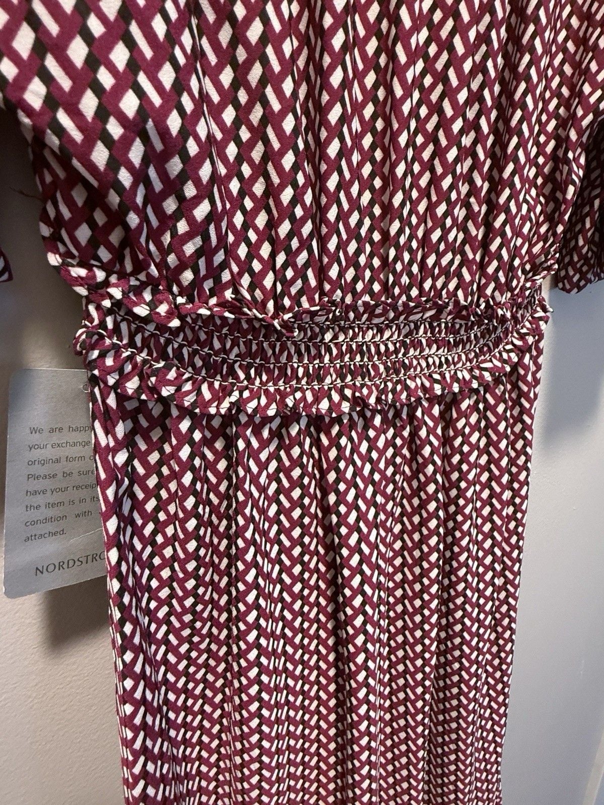 Max Studio Burgundy Geometric Maxi Dress Puff Sleeve Tie Neck Smocked Size S 10