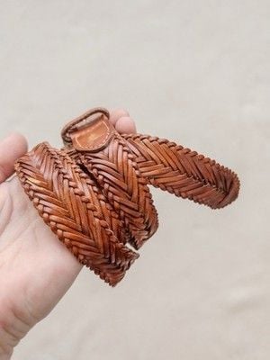 Talbots Vintage Brown Braided Woven Leather Belt Silver Western Buckle Boho LRG 7