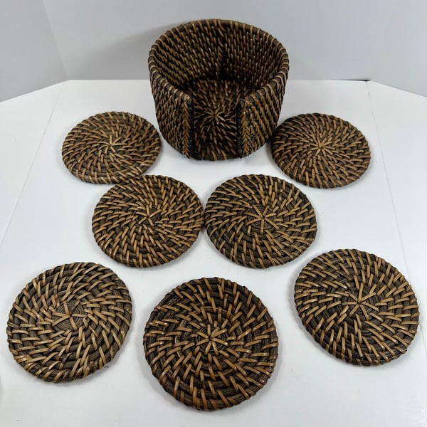 Set of 7 Brown Rattan Woven Wicker Round 4" Coasters with Storage Basket Boho