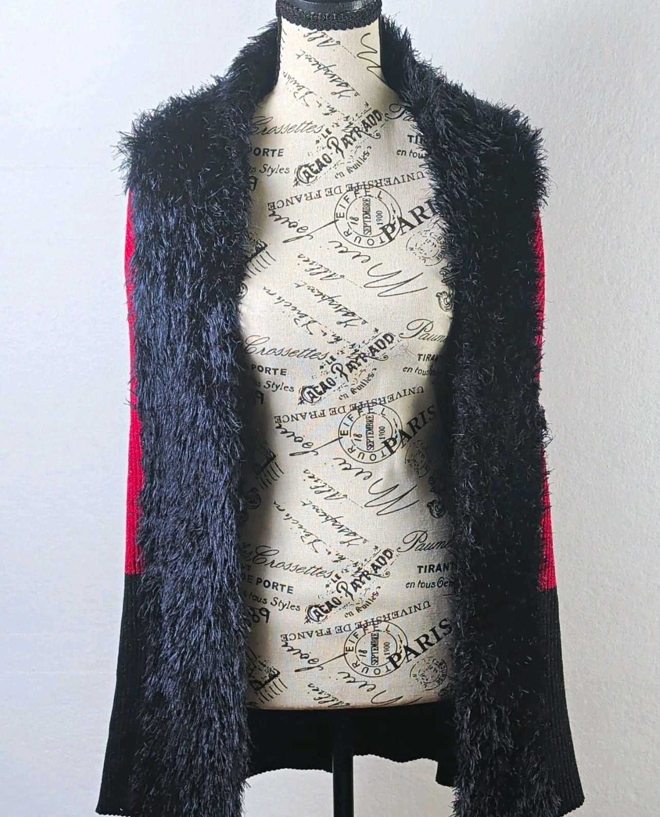 Lauren Michelle Red Black Knit Open Front Faux Fur Trim Cardigan Sweater XL 2