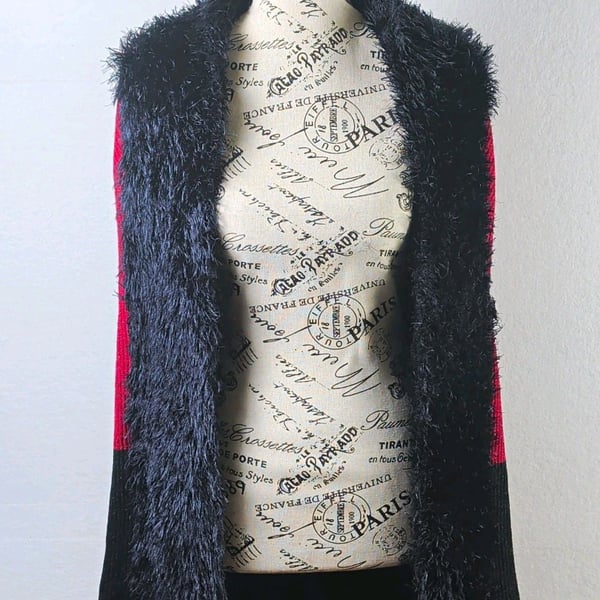Lauren Michelle Red Black Knit Open Front Faux Fur Trim Cardigan Sweater XL