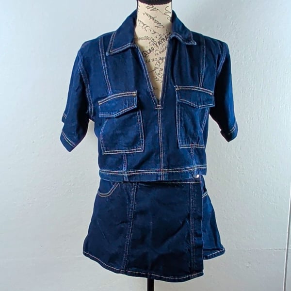 Zara Denim Two Piece Set Crop Shirt Small Wrap Skort Medium Z1975 Co Ord Blue
