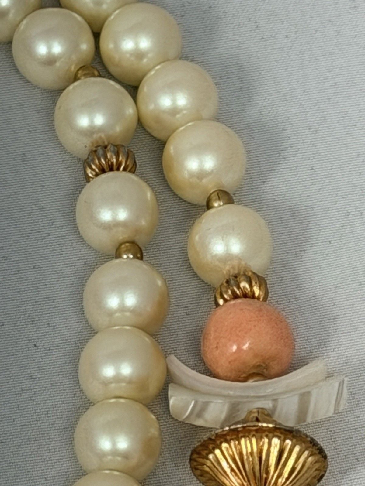 Vtg Mother Of Pearl Carved Bird Statement Necklace Faux Pearl Coral Multi Strand 10
