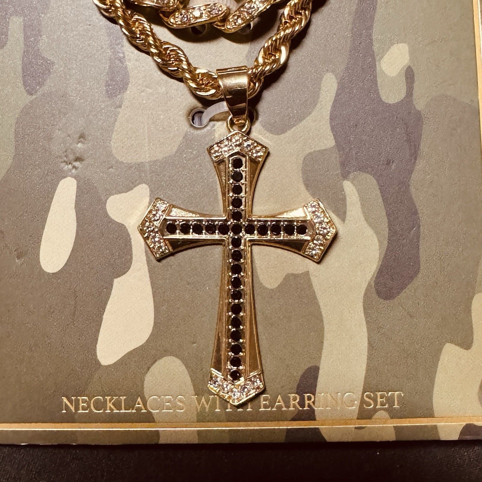 2 CHAIN GOLD TONE CROSS BLACK & CLEAR GEMSTONES NECKLACE 24" 2