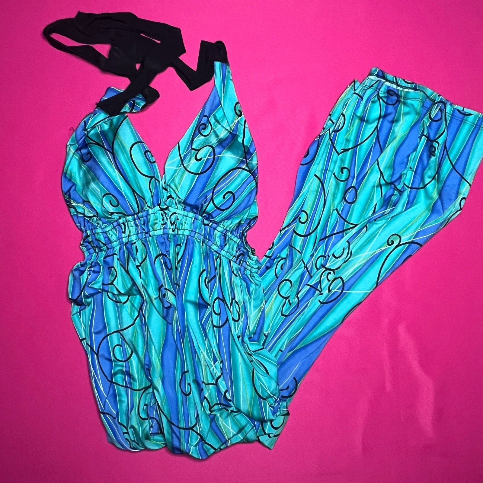 VTG Y2K Young Joy Psychedelic Swirl Print Halter Dress Blue Teal USA S/M 1