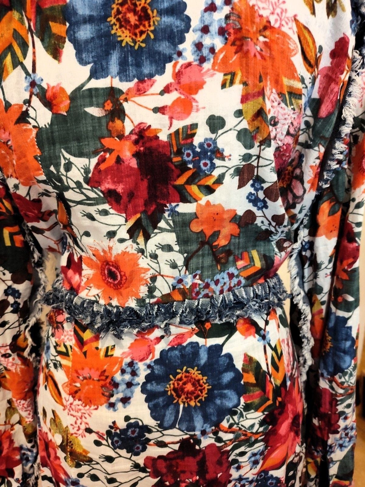 ADORE Distressed Denim Floral Duster Jacket Dress Artsy Boho Western Large EUC 6