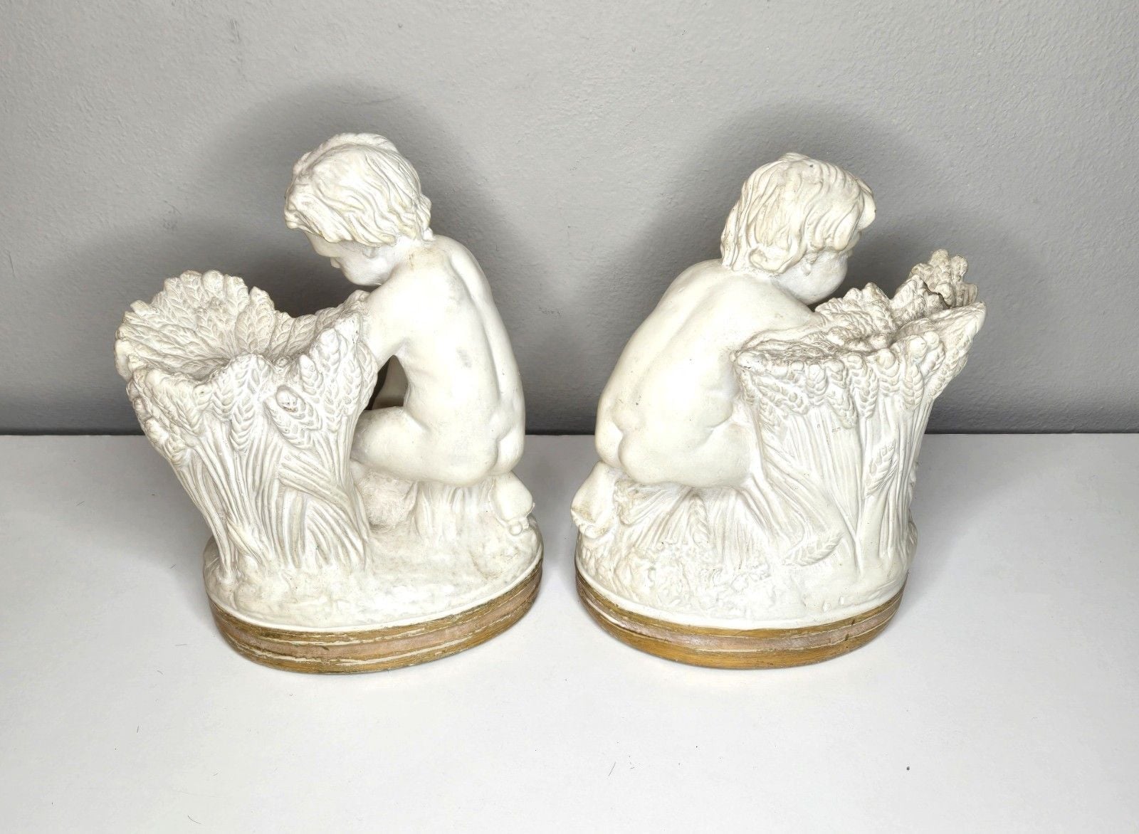 Vintage BORGHESE Niepolds ~ Chalk Putti Bookends ~ Cherubs Harvesting Wheat 2