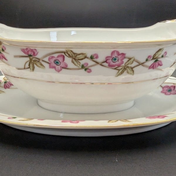 Valmont China Briar Rose Pattern Gravy Boat Attached Underplate Gold Trim