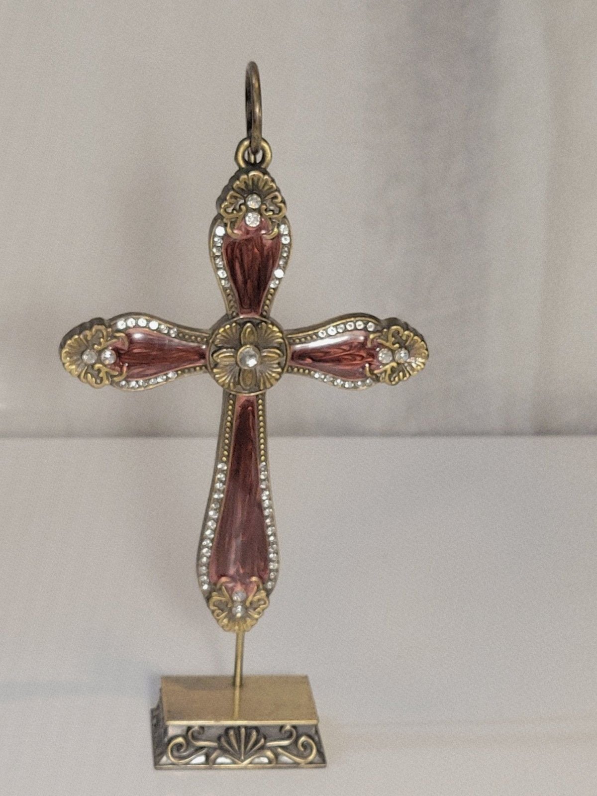 Vintage Style Ornate Red Enamel Rhinestone Cross Ornament on Metal Display Stand 12