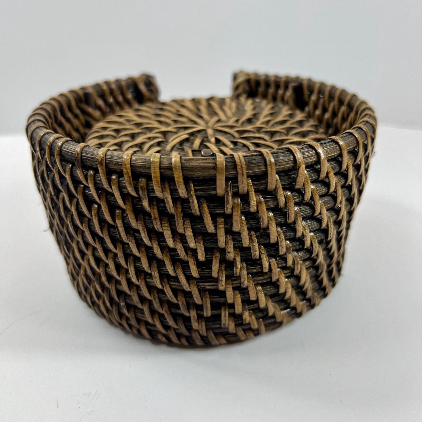 Set of 7 Brown Rattan Woven Wicker Round 4" Coasters with Storage Basket Boho 6