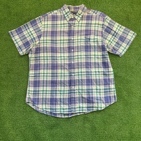 Ralph Lauren Sport Plaid patterned green and blue Short Sleeve button up dress Shirt
